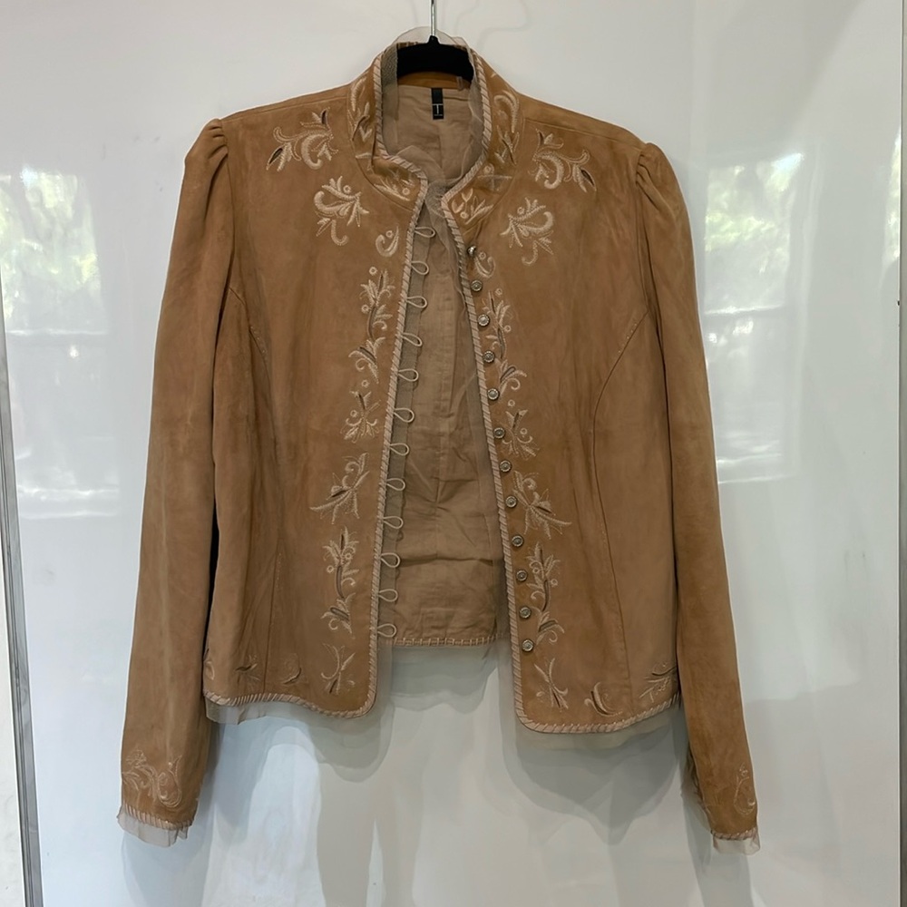 Tahari Women's Embroidered Suede Jacket with Silver Buttons Size Large
